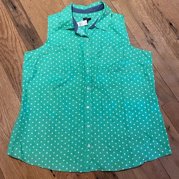 Talbots Linen Sleeveless Button Up Shirt Mint Green White Polka Dot Size 1X - Picture 1 of 9